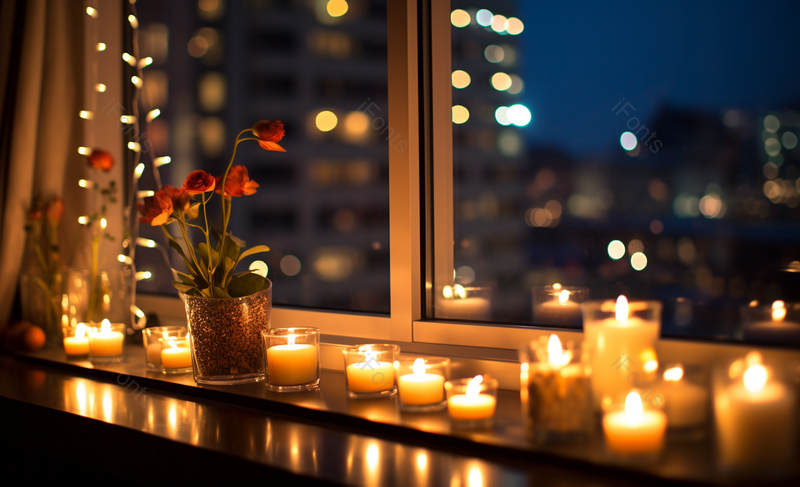 窗台上燃烧的蜡烛和鲜花烛光夜景浪漫,高清,摄影图,摄影图片,图片大全,摄影图免费下载